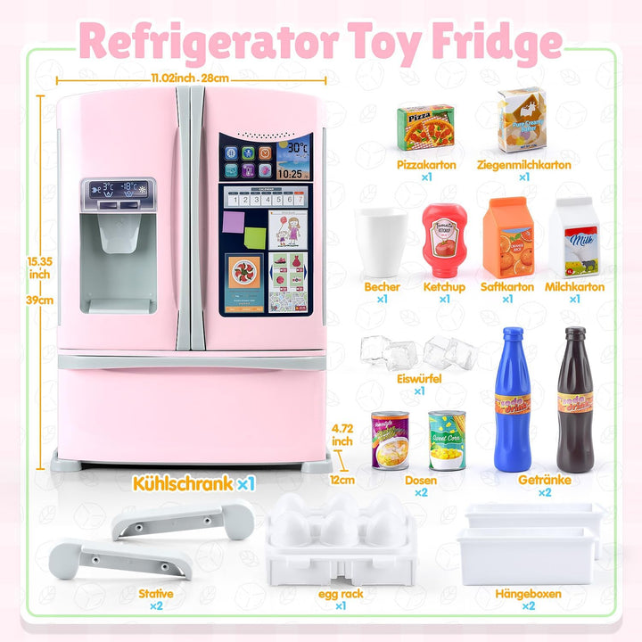 PLAY Küche Kinder Kühlschrank Spielzeug mit Eisspender, Spielküche Zubehör Set mit Kinderkühlschrank