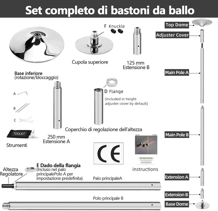 PRIOR FITNESS Kit Pole Dance Tanzstange 45 mm von 2,35 bis 2,74 m, höhenverstellbar, 2 Modi: drehbar
