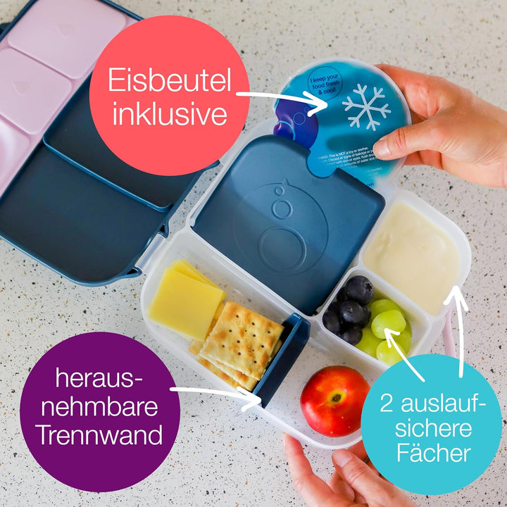 b.box Brotdose | Grosse Bento-Box mit 4 Fächern (2 auslaufsicher), herausnehmbarer Trenner, Gel-Kühl