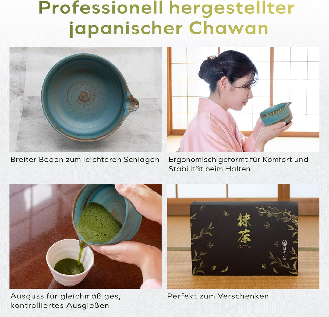 HIBINO Japanisches Matcha Set – Matcha Schale mit Ausguss, Matcha Besen & Halter, Bambus Löffel & Ed
