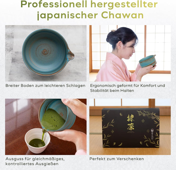 HIBINO Japanisches Matcha Set – Matcha Schale mit Ausguss, Matcha Besen & Halter, Bambus Löffel & Ed
