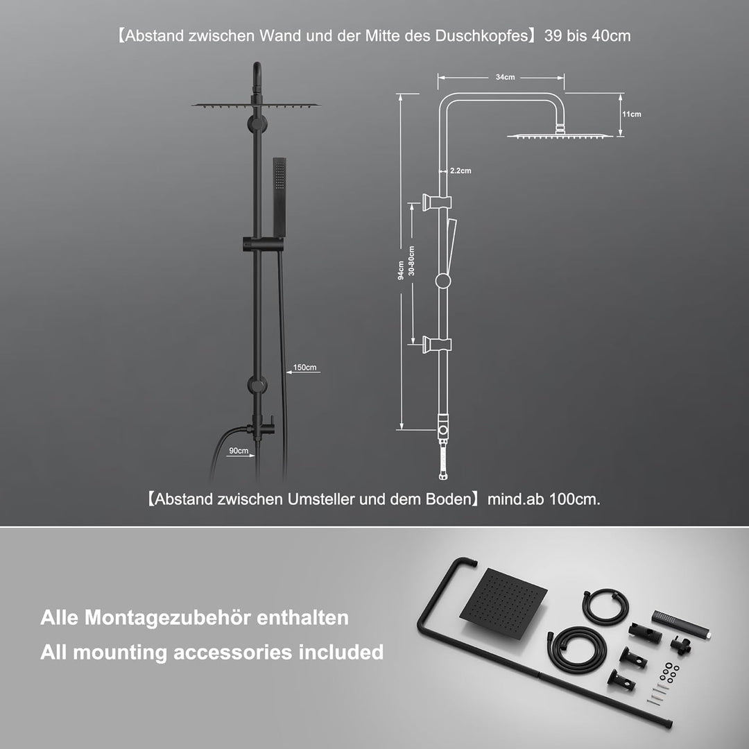 Görbach Regendusche Duschsystem ohne Armatur, Edelstahl Duschset mit 92cm Duschstange, Eckig Überkop