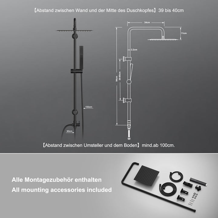 Görbach Regendusche Duschsystem ohne Armatur, Edelstahl Duschset mit 92cm Duschstange, Eckig Überkop