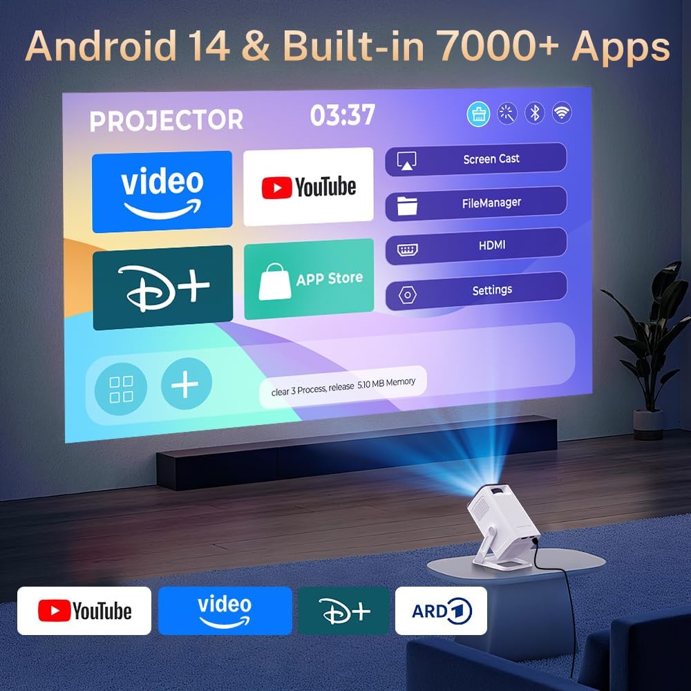4K 1080P unterstützt Mini Beamer mit Android 11 OS Klein Projektor mit WiFi 6 Bluetooth 5.4, 270° Dr