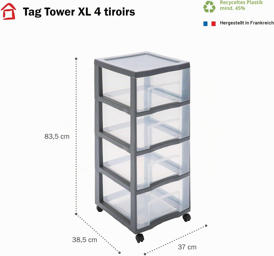 SUNDIS Tag Tower XL, schubladenbox aus Kunststoff mit Rädern, grau, 4 transparente Schubladen, Höhe
