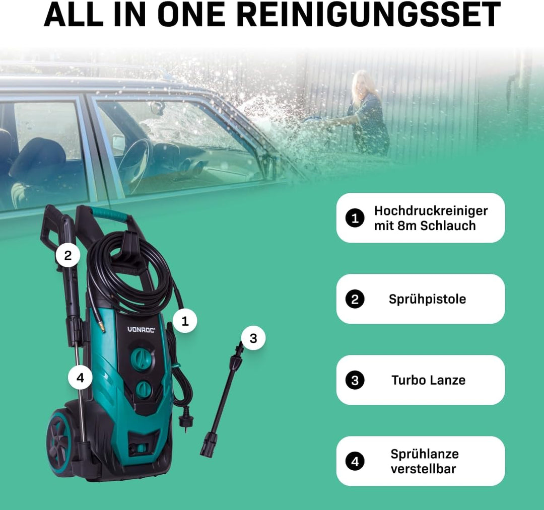 VONROC Hochdruckreiniger 170bar - Fassadenreiniger für mittelschwere Reinigungsarbeiten [2200W] - Du