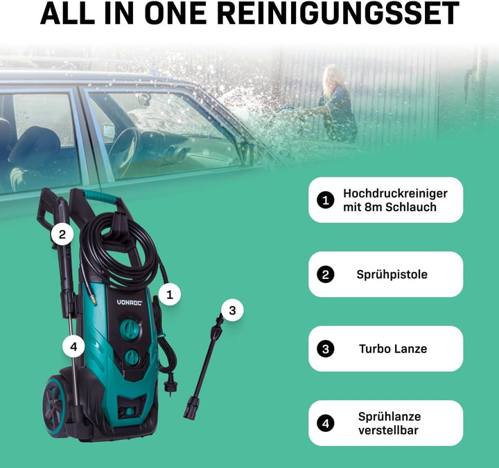 VONROC Hochdruckreiniger 170bar - Fassadenreiniger für mittelschwere Reinigungsarbeiten [2200W] - Du