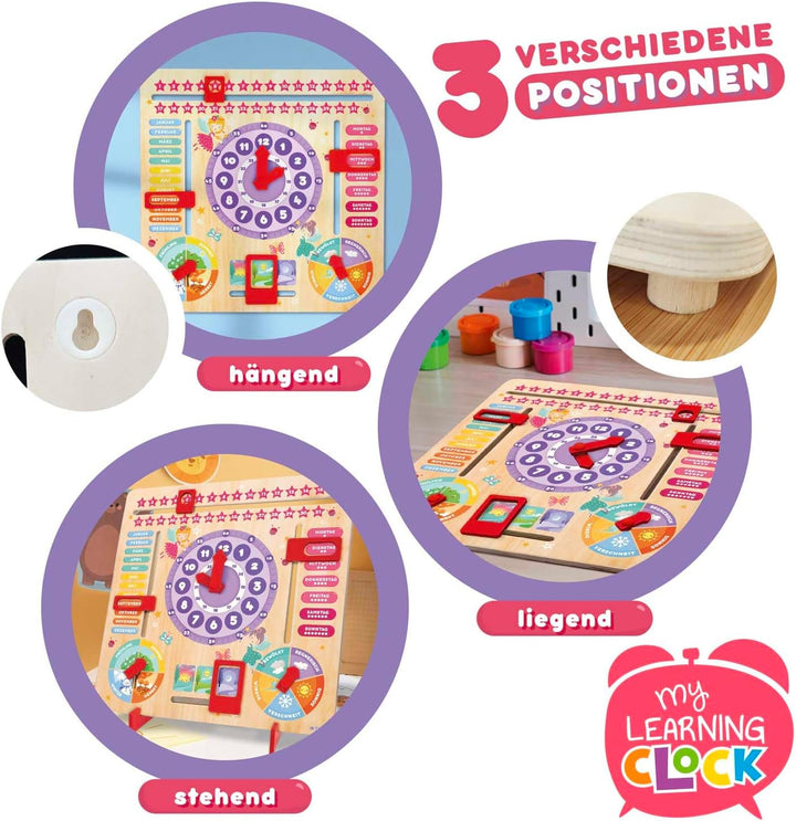 CRAZE My Learning Clock Princess - Lernuhr für Kinder aus Holz, Kalenderuhr zum Lernen für Kinder, L