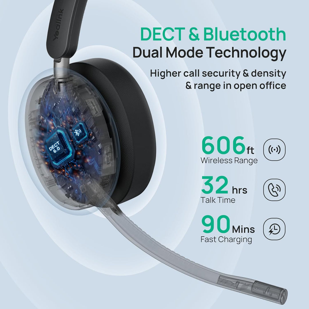 Yealink WH68 ANC DECT Kabelloses Headset mit Mikrofon, 4X AI-Mic mit Geräuschunterdrückung, 185m Rei