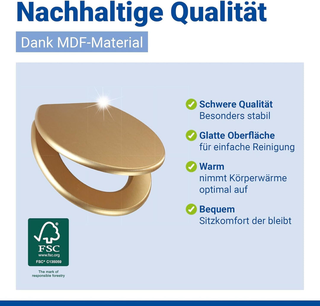 WENKO WC-Sitz Aldeno Gold matt, Toilettensitz aus MDF mit Edelstahl-Befestigung, foliert, dezente Ho