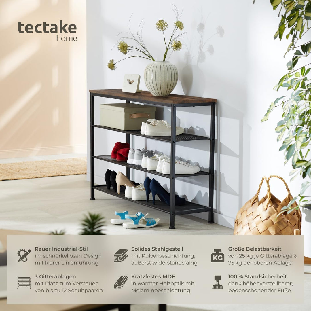 tectake 800952 Schuhregal schmal mit Ablagefläche, Schuhbank aus Holz Metall, Industrie-Design, 4 Eb