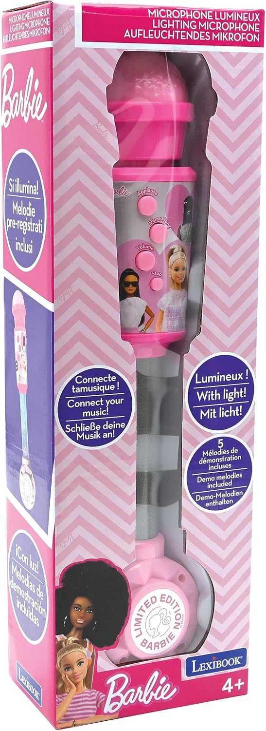 Lexibook, Barbie-Leuchtmikrofon für Kinder, Musikspielzeug, eingebauter Lautsprecher, Leuchteffekte,