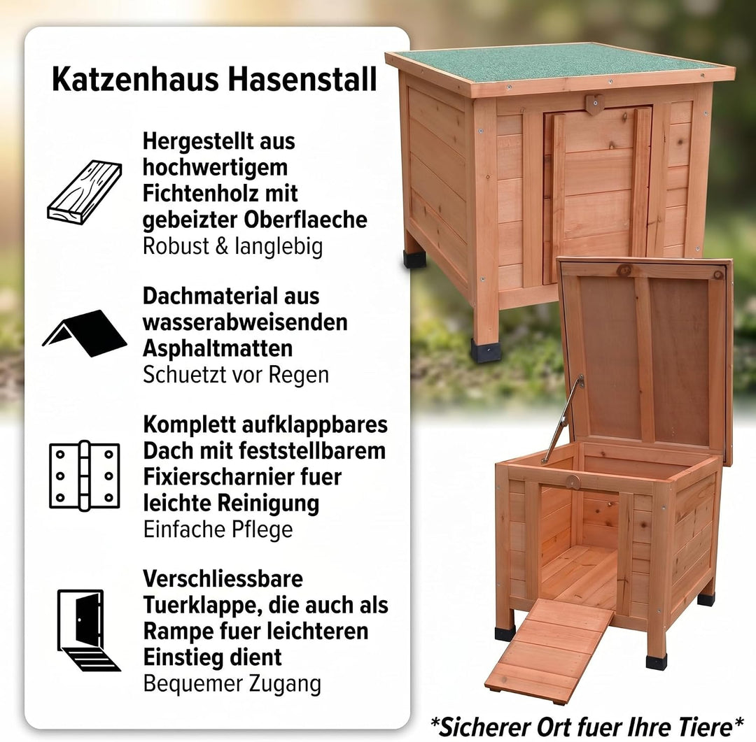 Mucola Wetterfestes Holz Katzenhaus Outdoor | 42x43x50 cm Tierhaus mit Klappdach, Rampe, Fichtenholz