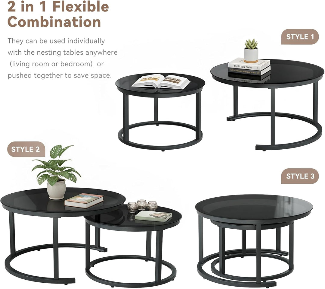 Hawthyhome 2 Stücke Beistelltisch Set rund, Couchtisch aus Glas mit Metallrahmen,Moderne Kaffeetisch