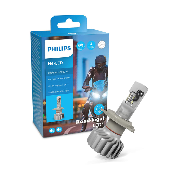 Philips Ultinon Pro6000 H4-LED Motorrad Scheinwerferlampe mit Strassenzulassung, 230% helleres Licht