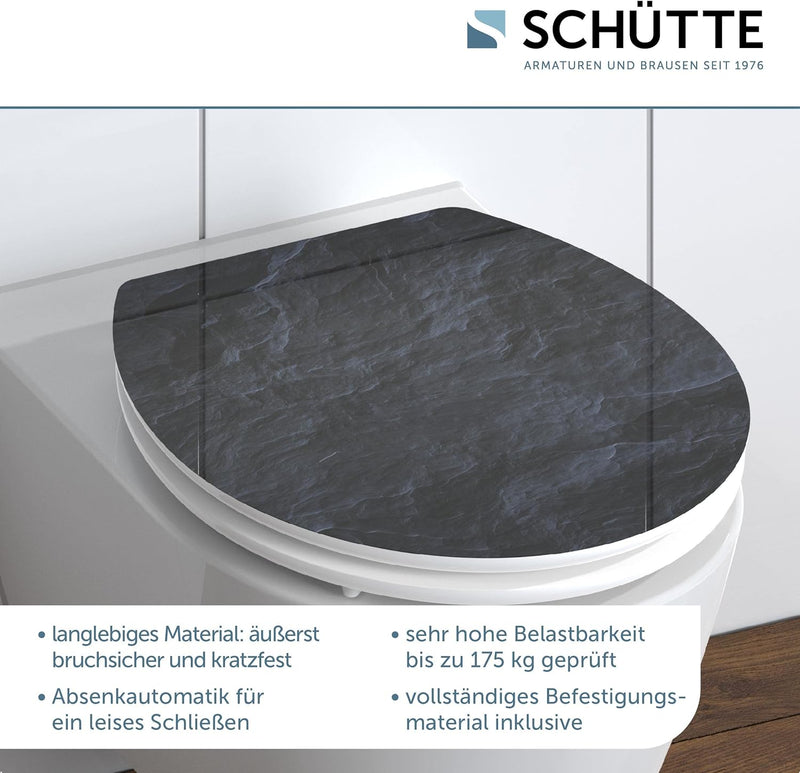 SCHÜTTE WC-Sitz Holzkern HG BLACK STONE, Hochglanz Toilettensitz mit Absenkautomatik, passend für al