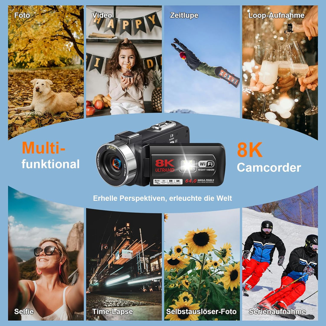 Videokamera Camcorder 8K 64MP WiFi Vlogging Camera mit IR Nachtsicht für YouTube, HD 3.0'' Touchscre