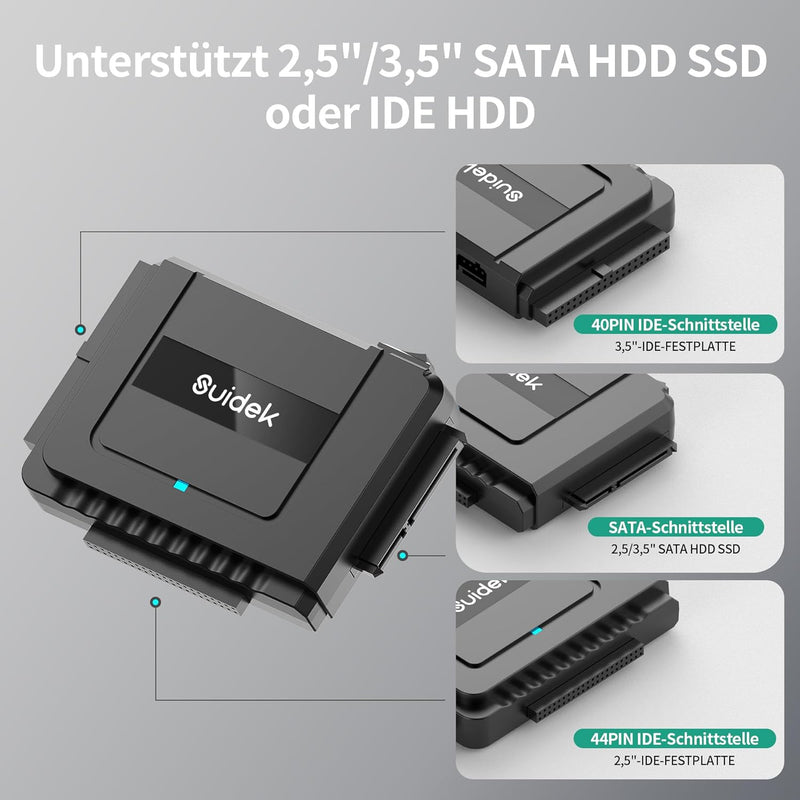 SUIDEK USB 3.0 zu SATA IDE Adapter, Externer IDE Festplatten Auslesen Adapter für universelle 2.5/35