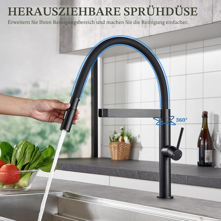 Tohlar Wasserhahn Küche Schwarz, Hochdruck Küchenarmatur mit Herausziehbarer Brause, Einhebel Küchen