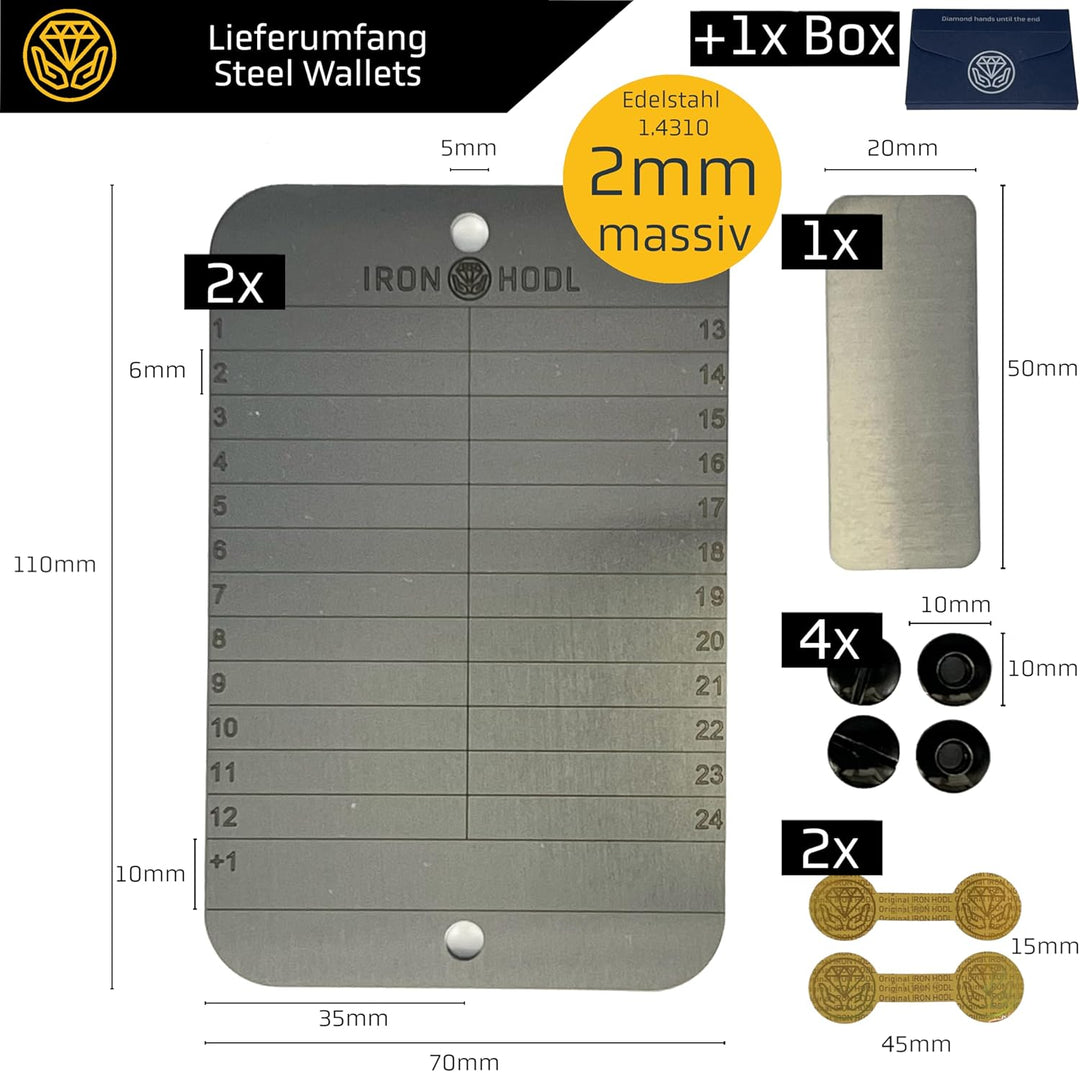 Cold Wallet Stanzbuchstaben Set mit Schablone + Testplatte, Schrauben, Sticker, Box (2x 24+1) Recove