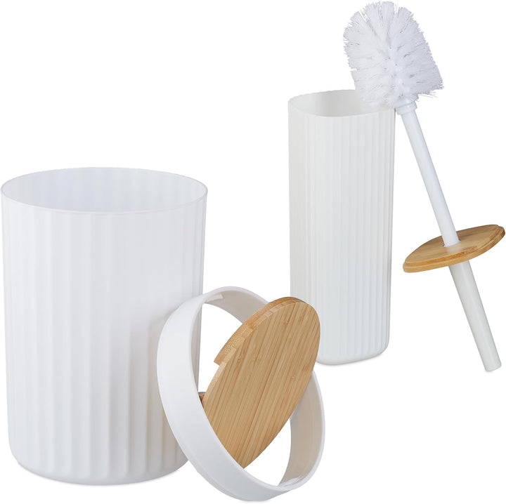 Relaxdays Badezimmer Set, 6-teilig, Badaccessoires Kunststoff & Bambus, komplettes Badzubehör-Set, B