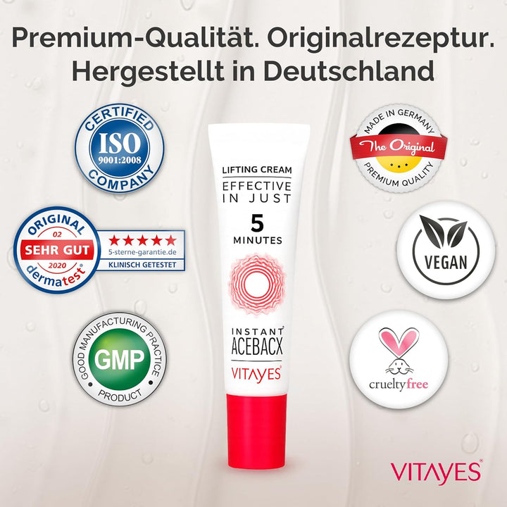 VITAYES Instant Ageback - Anti Aging Creme, Soforteffekt gegen Falten, Tränensäcke und schlaffe Haut