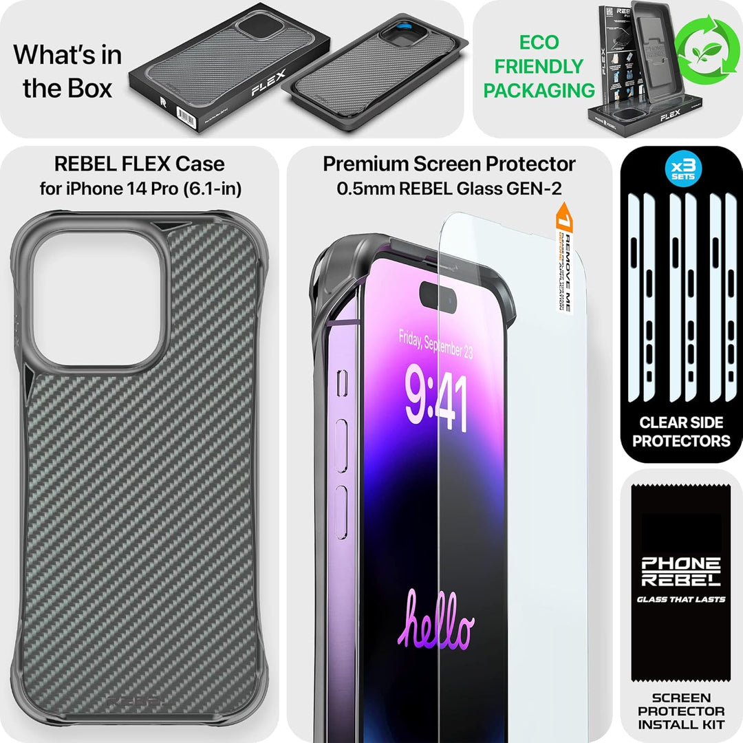 REBEL Schutzhülle für iPhone 14 Pro [Flex-Serie] Freiliegende Seiten, Aramidfaser, stark MagSafe-kom