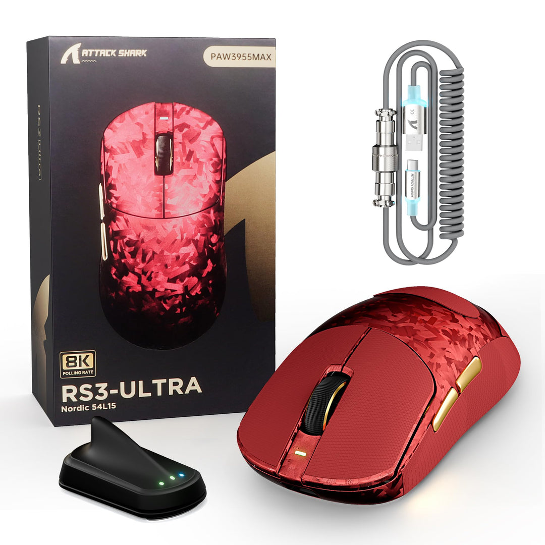 ATTACK SHARK RS3 Ultra Carbonfaser Kabellose Gaming Maus mit C06Ultra Kabel Rot B, Rot B