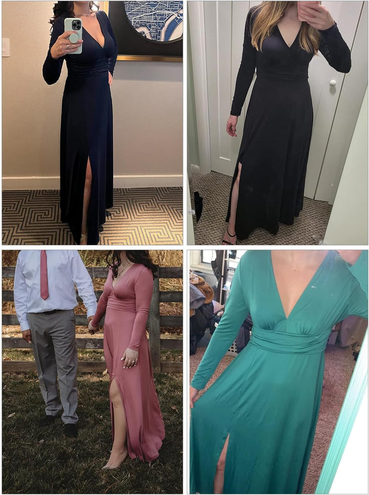 QUNERY Damen Kleid Elegant V Ausschnitt Langarm Kleider Herbst Winter wickelkleid Hohem Schlitz Lang