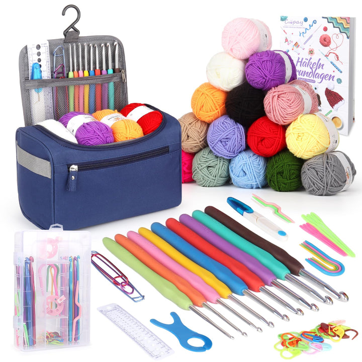 Coopay Tragbar Häkelset für Anfänger, Häkelnadel Set mit 15 Wolle, Tasche, Häkelzubehör, Ergonomisch