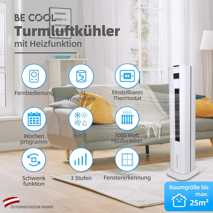 Turmluftkühler mit Heizfunktion – 4,5L Wassertank – 75W Kühlleistung &amp; 3000W Heizen – 3 Geschwindigk