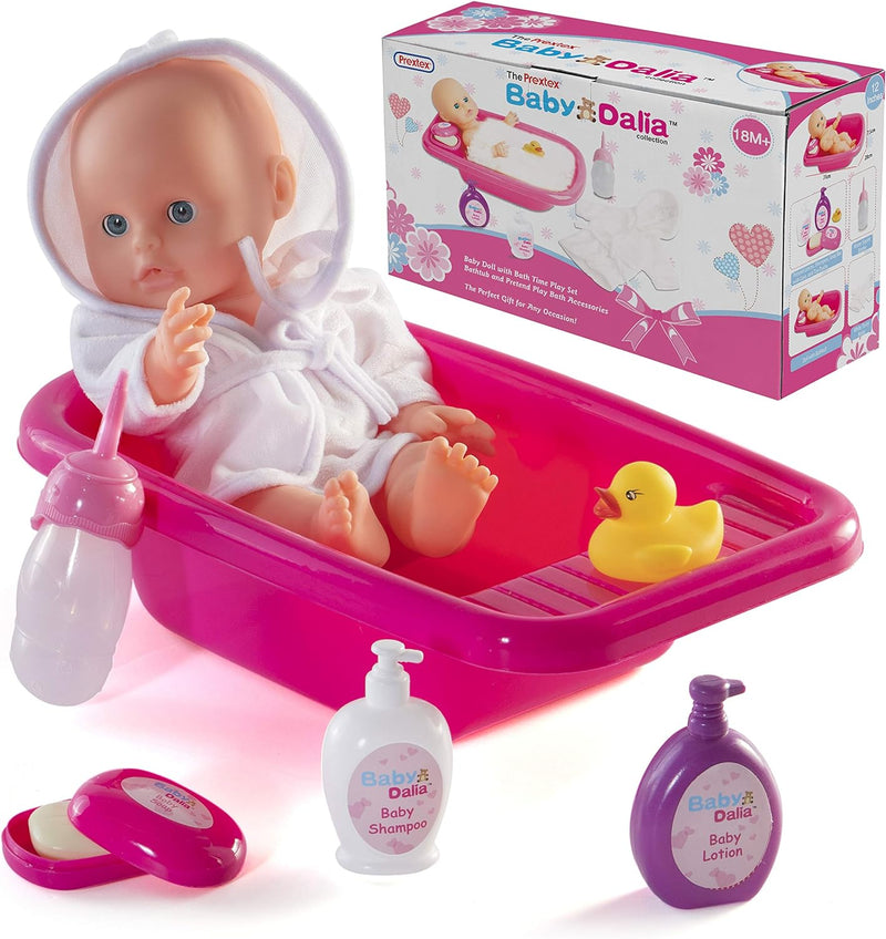 Prextex 8 Stück Puppe Bad Set mit Puppe, Badewanne, Bademantel und Badezubehör - Baby Dalia Puppe Ba