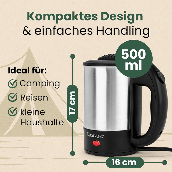 Clatronic® Wasserkocher mit 0,5L Füllmenge | Wasserkocher klein ideal für unterwegs | Reisewasserkoc