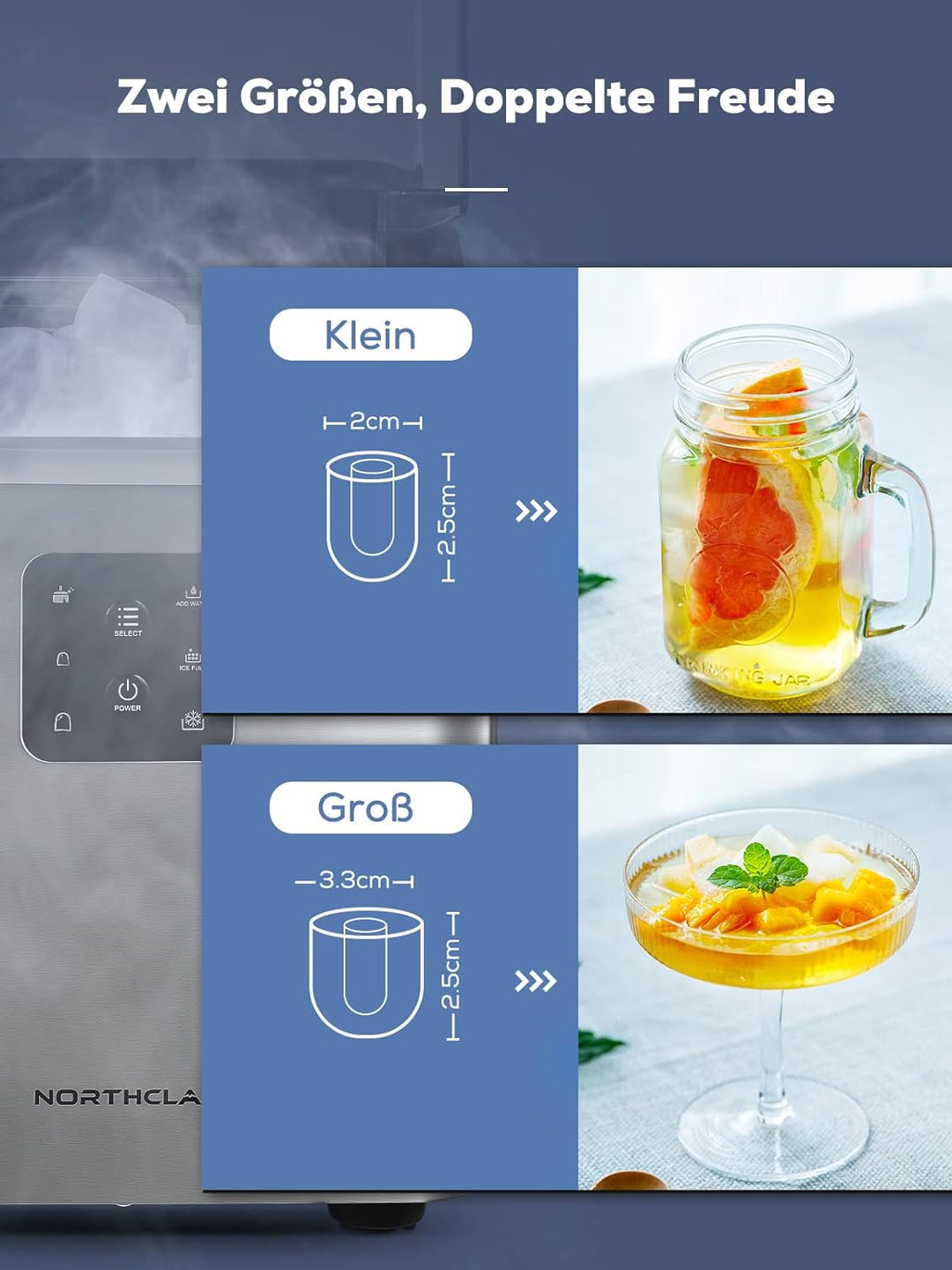 NORTHCLAN Eiswürfelmaschine mit 2 Eiswürfelgrössen, 12 kg 24 St, 9 Eiswürfel in 6 Minuten, Selbstrei