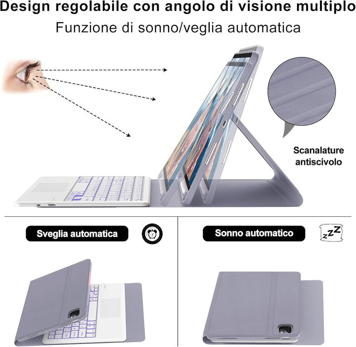 Hülle mit Tastatur für iPad Pro 12.9 (6/5/4/3 Gen), 7 Farben Beleuchtung, Multi Touch Trackpad, Deut