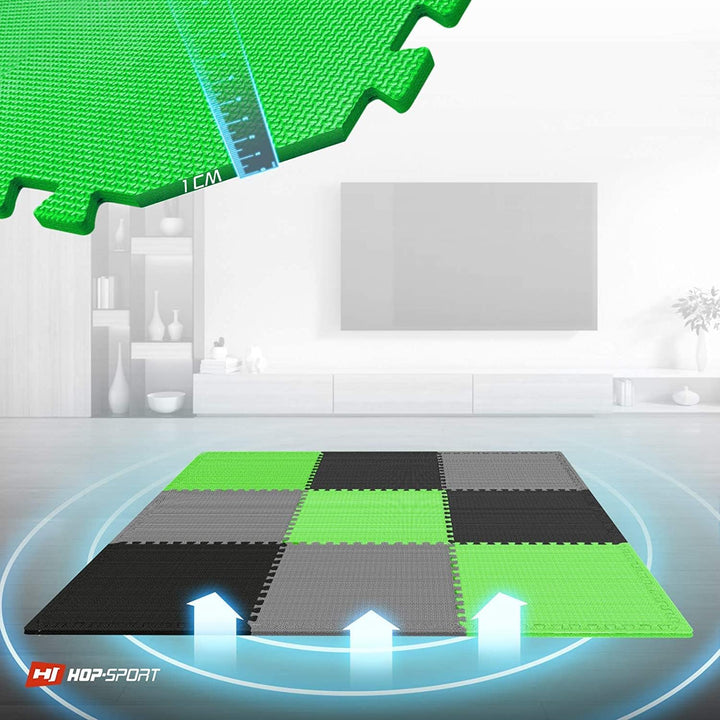 Hop-Sport Puzzlematte 9er Set - Unterlegmatte für Fitnessgeräte als Rutschfester Bodenschutz - Gröss