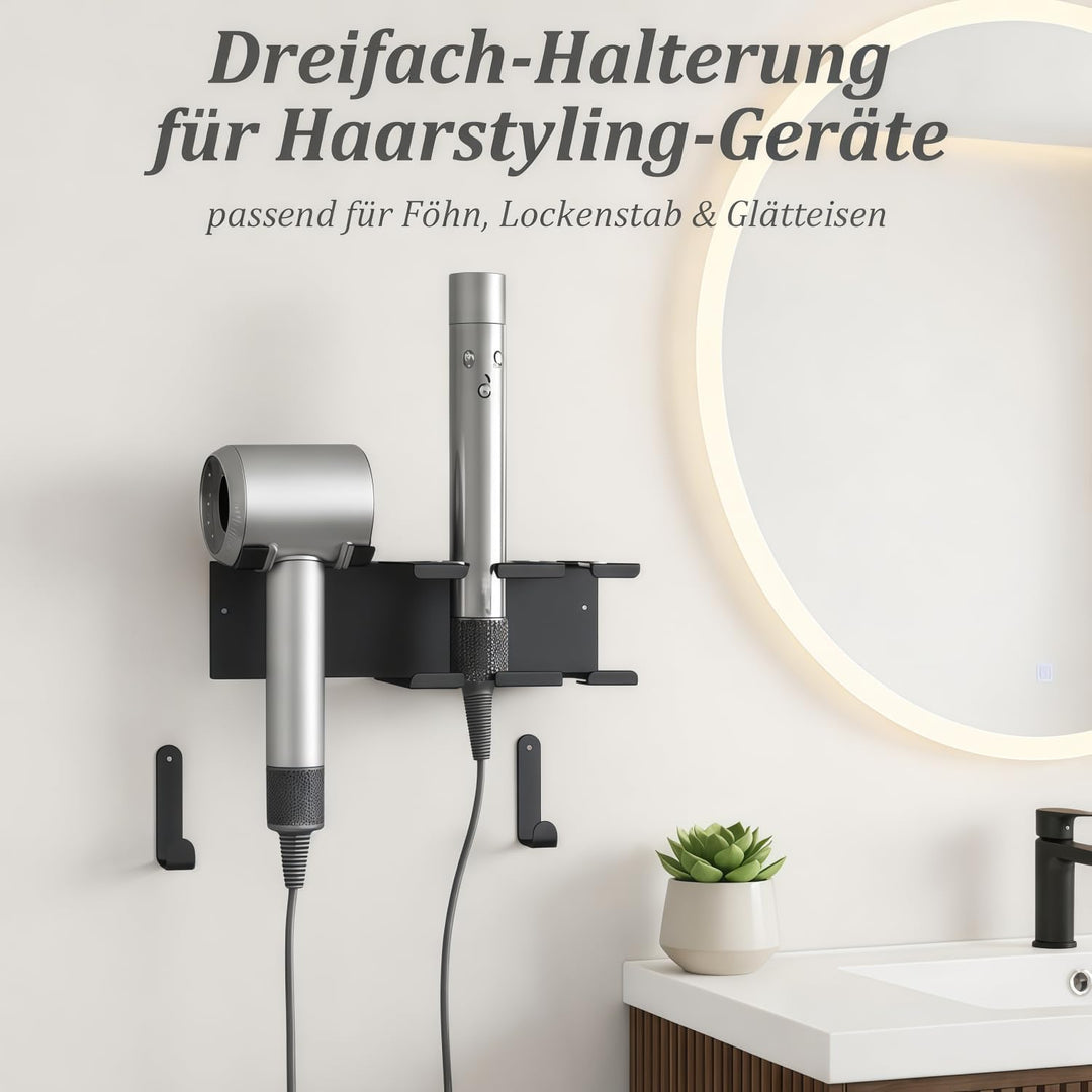 Föhn Halterung, 3in1 Fönhalter Ohne Bohren für Bad, Föhn und Glätteisen Halterung Wandmontage Haartr