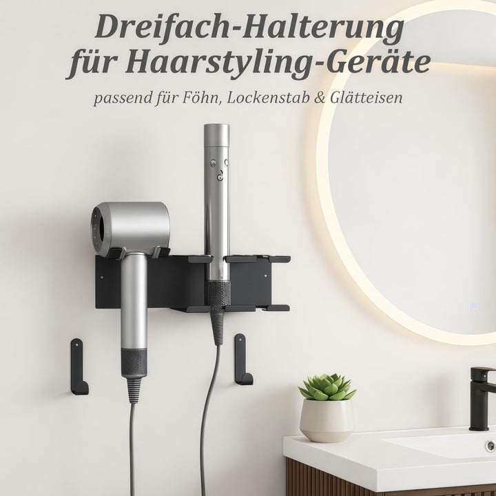 Föhn Halterung, 3in1 Fönhalter Ohne Bohren für Bad, Föhn und Glätteisen Halterung Wandmontage Haartr