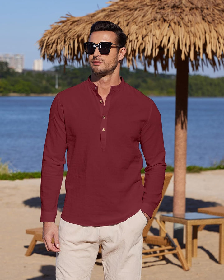 YAOBAOLE Herrenhemd, Leinen, Langarm, Sommer, Mao, lässig, Henley, Strandhemd, klassisch XL Weinrot,