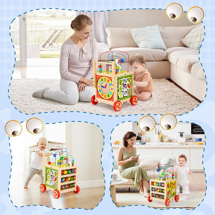 Lauflernwagen aus Holz - Höhenverstellbare Lauflernhilfe mit Puzzle, und Zahlen - Pädagogisches Baby