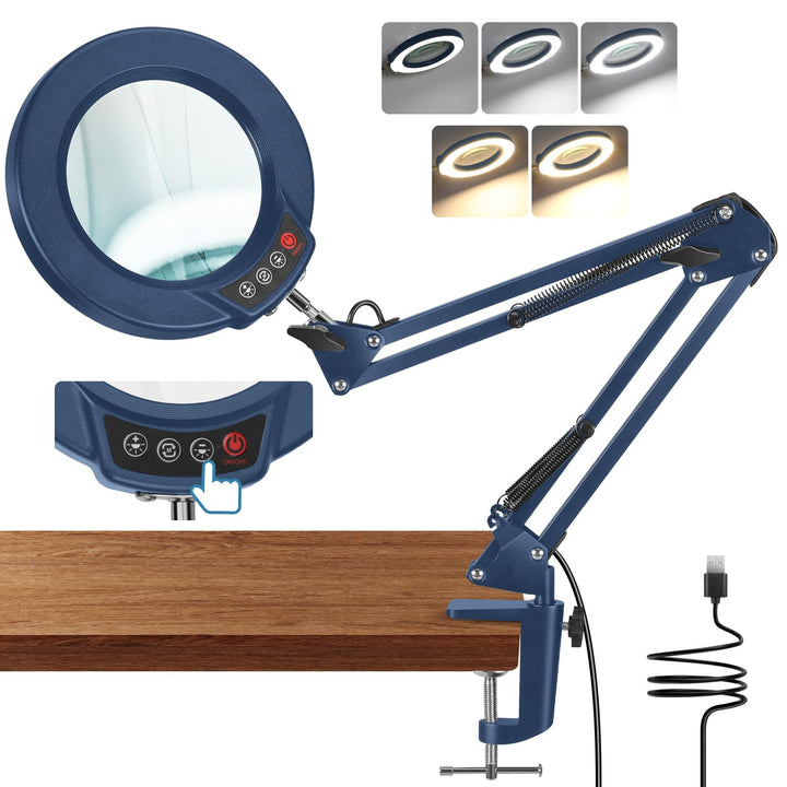 10X Lupe mit Licht und Klemme, LED Lupenlampe mit Glaslinse, 5 Farbmodi Stufenlosem Dimmen, Lupe mit