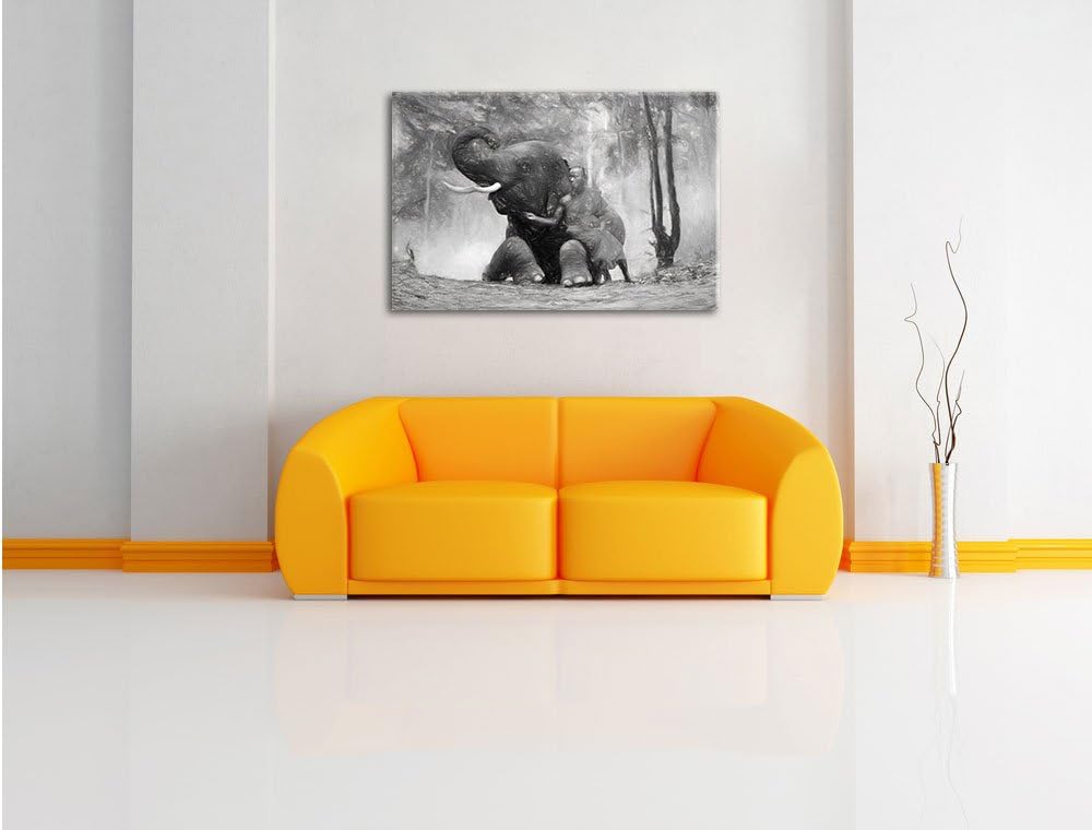 Pixxprint EIN Mönch mit Elefanten im Wald Kunst Kohle Effekt, Format: 100x70 auf Leinwand, XXL riesi