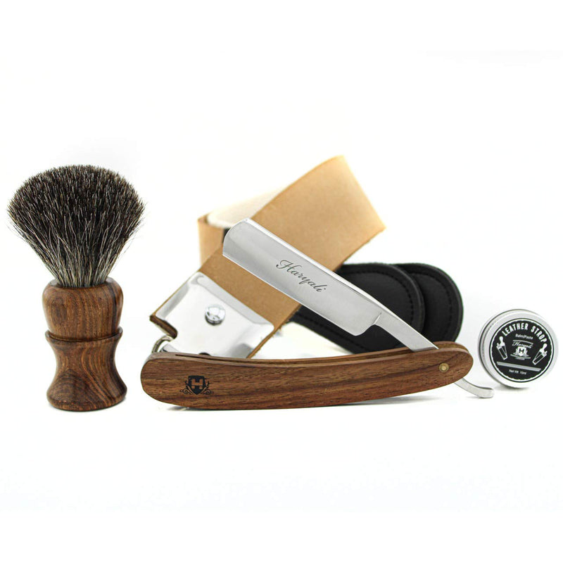 Rasiermesser Set 4-Teilig mit Leder Streichriemen und Schleifpaste