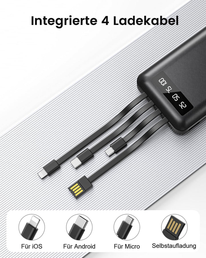 Powerbank 26800mAh mit 4 Integrierten Kabel, 22.5W Power Bank USB C Schnellladefunktion mit LED Disp