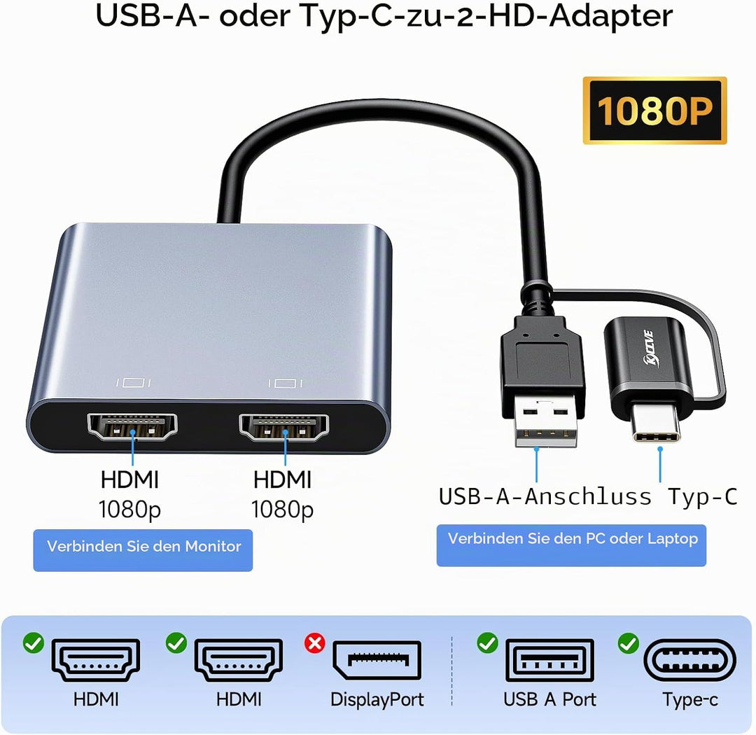 KCEVE USB zu HDMI Adapter für Zwei Monitore, USB C zu 2 HDMI -Multiport -Splitter erweiterter Displa