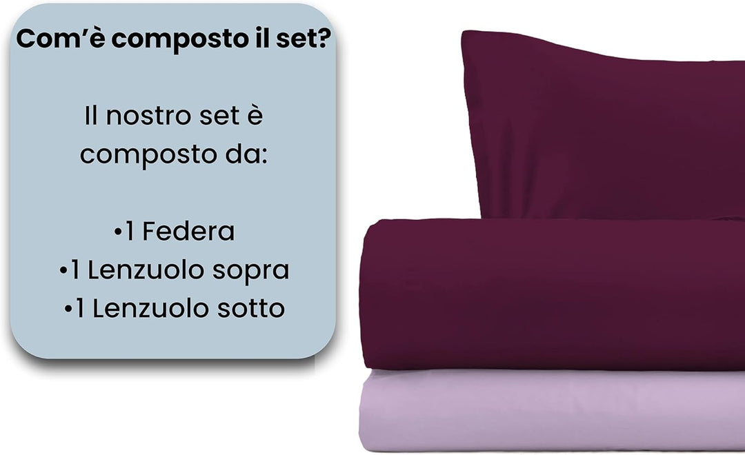Italian Bed Linen Bettwäsche-Set aus 100% Baumwolle, naturfarben, Pflaume/Lila, Einzelbett Einzelbet