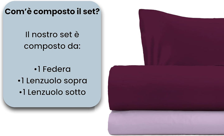 Italian Bed Linen Bettwäsche-Set aus 100% Baumwolle, naturfarben, Pflaume/Lila, Einzelbett Einzelbet