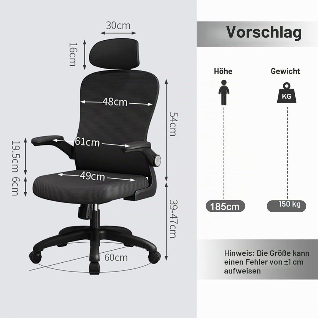 LEVIPE Bürostuhl Ergonomisch, Schreibtischstuhl mit Lendenwirbelstütze, Armlehnen, Verstellbare Kopf