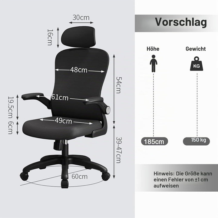 LEVIPE Bürostuhl Ergonomisch, Schreibtischstuhl mit Lendenwirbelstütze, Armlehnen, Verstellbare Kopf