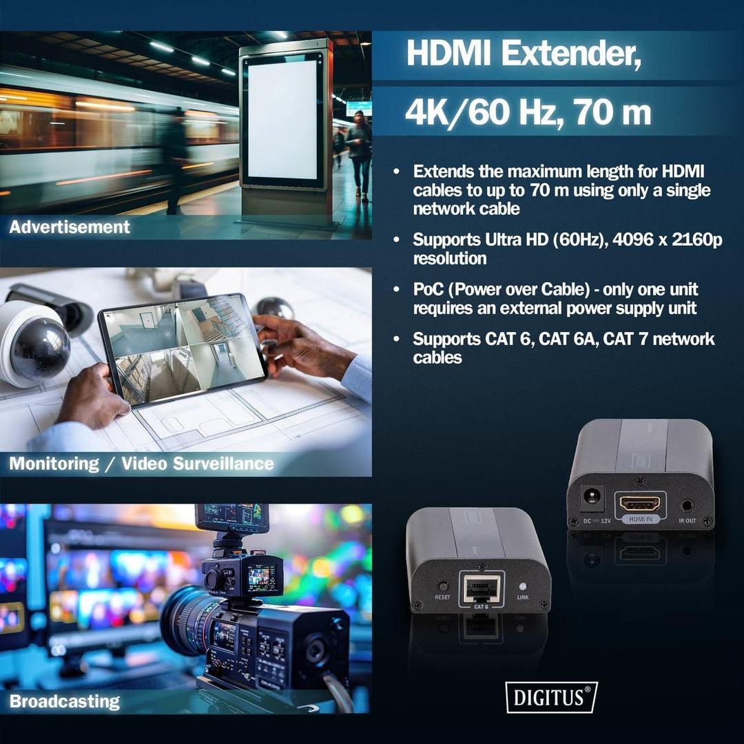 DIGITUS HDMI Extender - Ultra HD, 4K, 60Hz - Set (Sender/Empfänger) - bis zu 60 m Reichweite - Patch